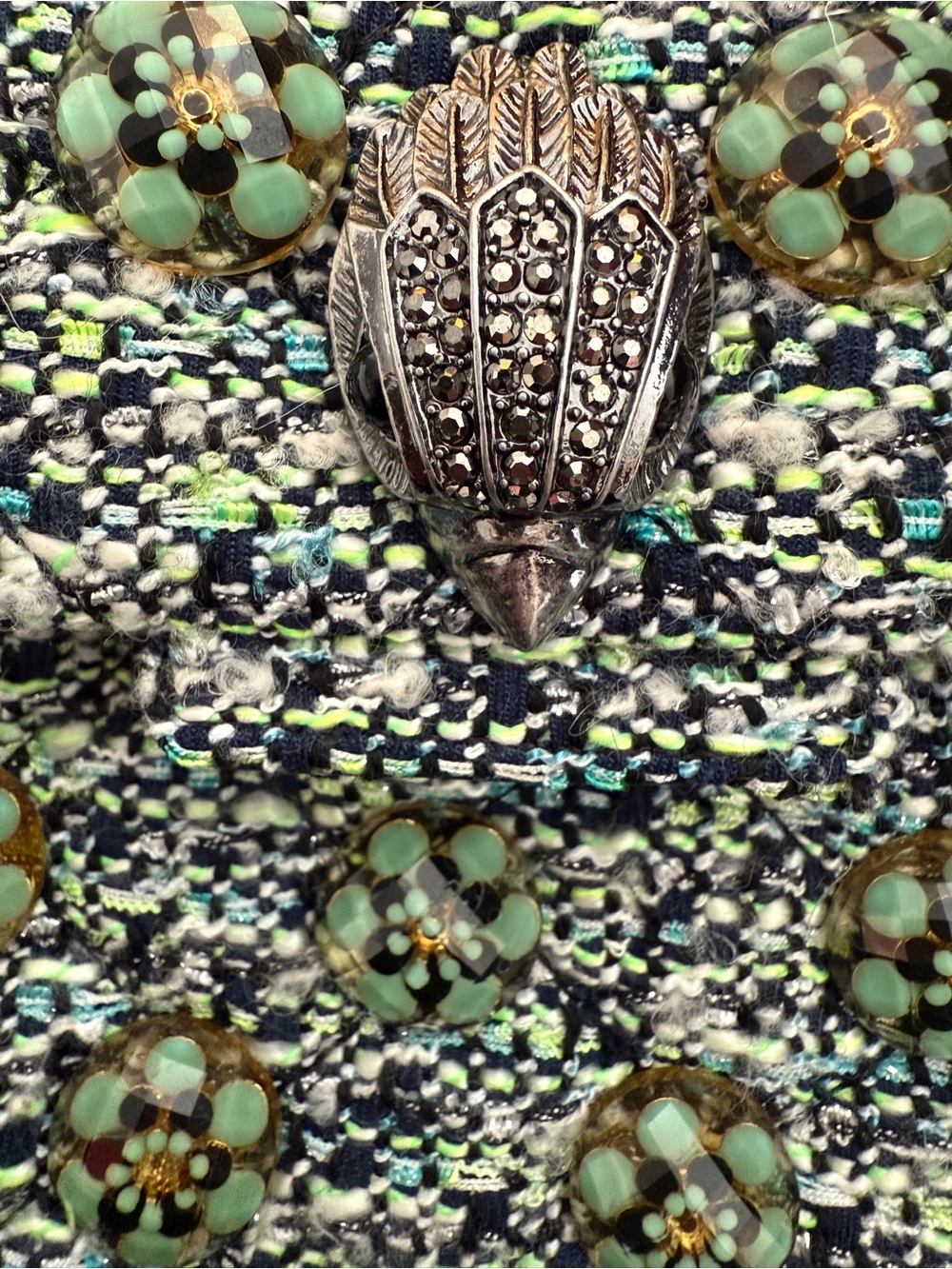 Kurt Geiger Green Floral Tweed Beaded Chain Shoulder Bag with Dusty - Picture 7 of 9